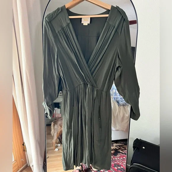 green emerald velvet dress Anthropologie Green Chiffon Tie Front "Valparaiso Dress" by Maeve, Siz   The Mustard Dandelion